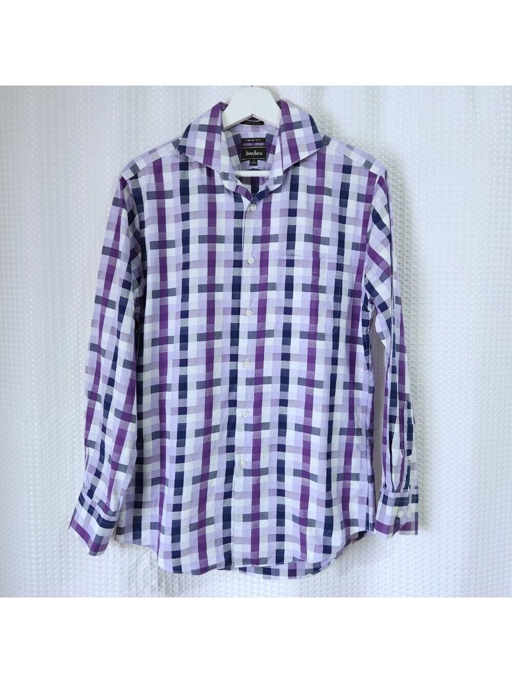 Neiman Marcus Dress Shirt 15 (32-33) Purple Plaid Check Trim Fit Designer